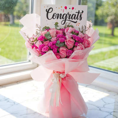 Pink rose bouquet with a "Congrats" card and pink wrapping