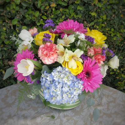 Mixed bouquet with pink gerberas, yellow roses, blue hydrangea, and white tulips