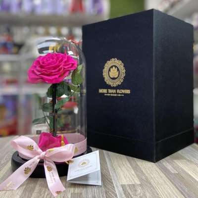 Single bright pink rose under a glass dome on a black base with a tall black gift box beside it.