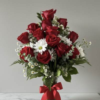 Red roses and white daisies arranged in a glass vase with a red ribbon.