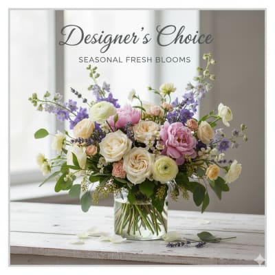 Mixed pastel flower arrangement in a clear glass vase