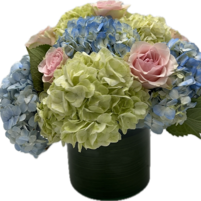 Blue and green hydrangeas with pink roses in a dark vase