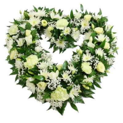 Heart-shaped white floral wreath with green foliage