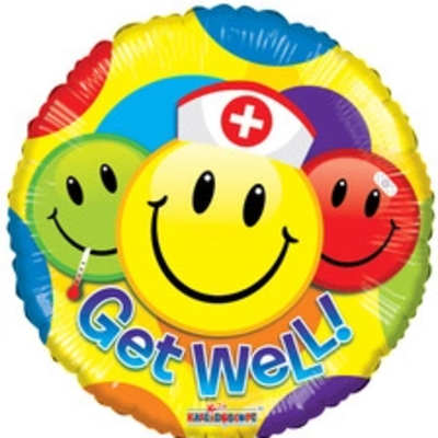 Round get well balloon with smiling faces and colorful background