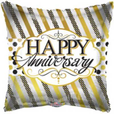 Square gold and white Happy Anniversary balloon with stripes and polka dots