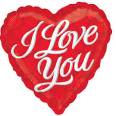 Red heart-shaped balloon with white script text reading I Love You