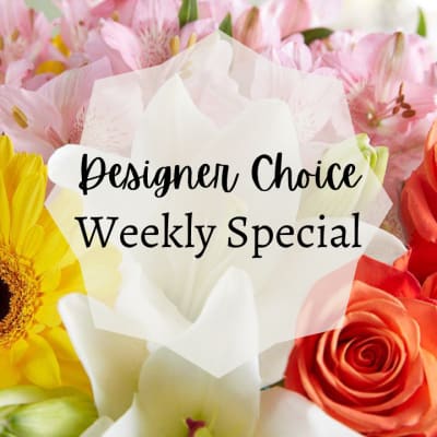 Close-up of a mixed bouquet with white lilies, yellow daisy, pink alstroemeria, and orange roses behind text.