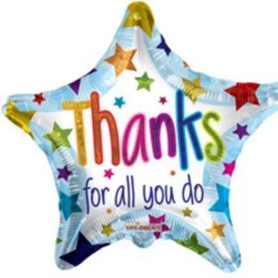 Star-shaped foil balloon with 'Thanks for all you do' text and colorful stars on a light background