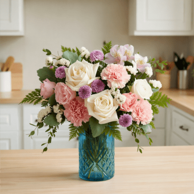Pink and white mixed bouquet in a blue glass vase