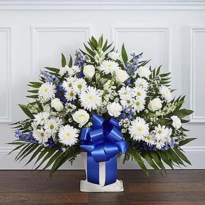 Fan-shaped arrangement of white roses and daisies with blue flowers in a white container with a large blue bow.