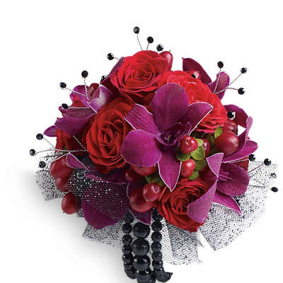Red roses with purple orchids and black bead accents