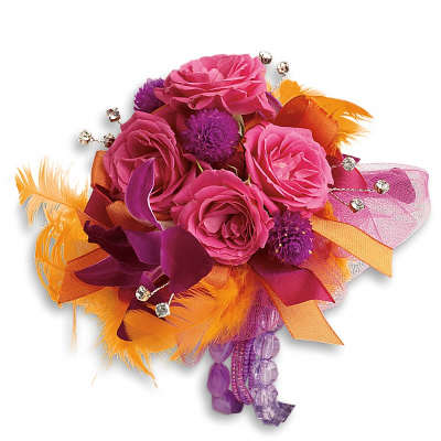 Pink rose bouquet with purple accents and orange feathers
