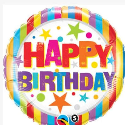 Round birthday balloon with colorful "Happy Birthday" text