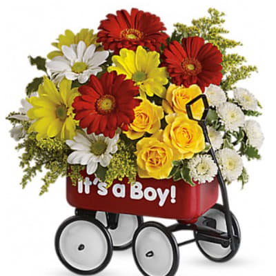 Mixed flower arrangement in a red wagon with "It's a Boy!" text