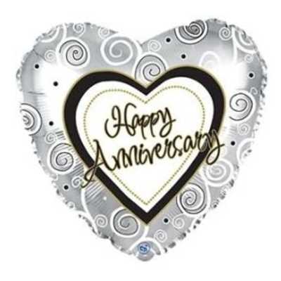 Heart-shaped silver balloon with "Happy Anniversary" text