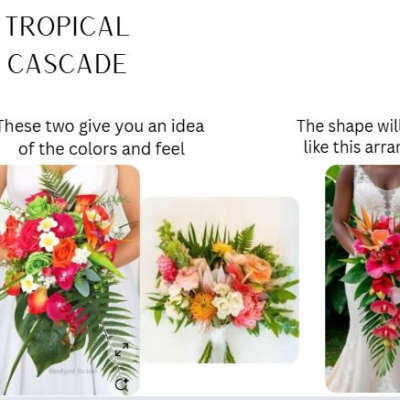 Tropical cascade bridal bouquet with bright mixed flowers and long trailing greenery