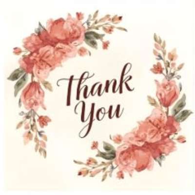 Square thank you card with peach and pink floral wreath around script text