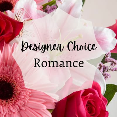 Close-up of red roses, pink gerbera daisy, and pale pink lilies with romantic text overlay.