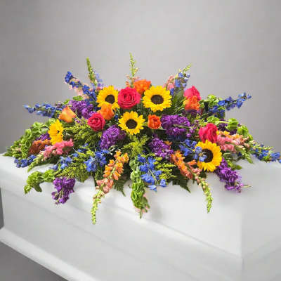 Bright multicolored casket spray with sunflowers, roses, and other flowers on a white casket