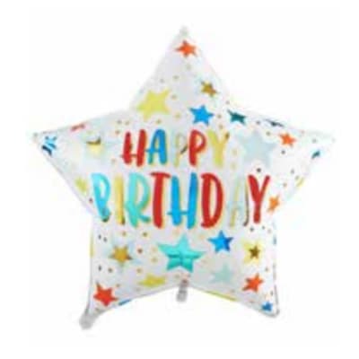 Star-shaped birthday balloon with colorful text and stars