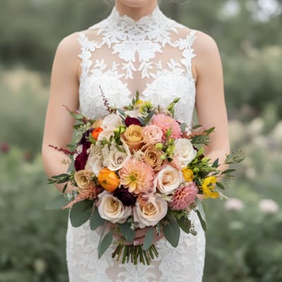 Bride holding a bouquet of roses, ranunculus, and dahlias