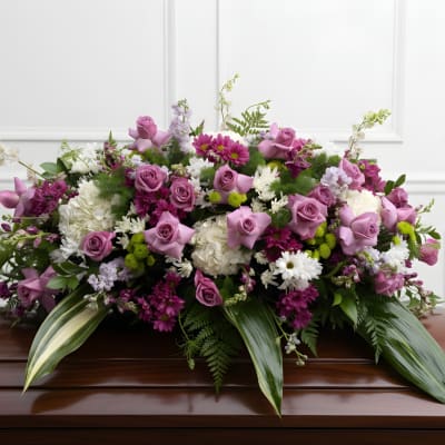 Lavender and white floral casket spray with roses and daisies