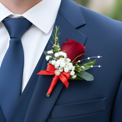 Red rose boutonniere on a navy suit jacket