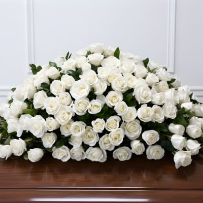 Large arrangement of white roses on a wooden surface