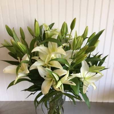 White lilies arranged in a clear glass vase