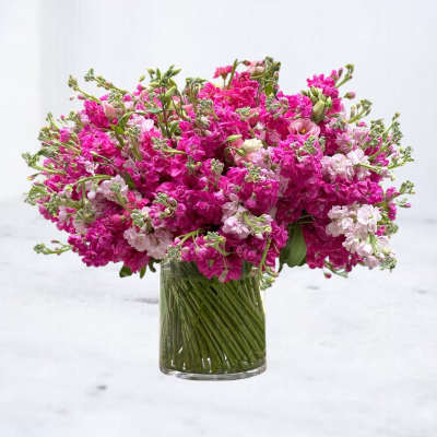Pink and pale blush flowers in a clear glass vase