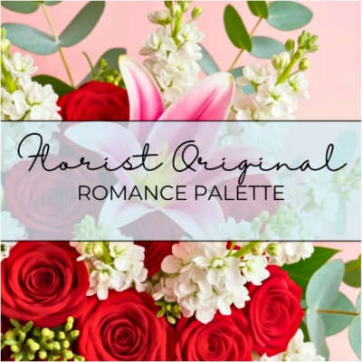Romance palette floral design with red roses and pink lilies on a pastel background