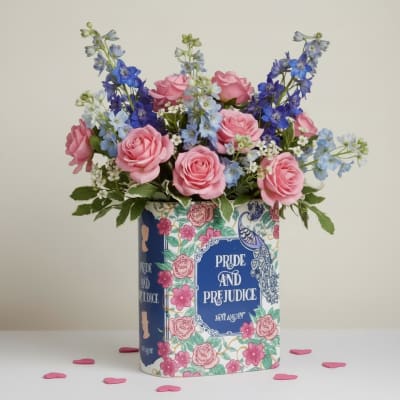 Pink roses and blue flowers arranged in a decorative book-shaped container