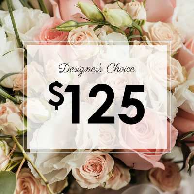 Blush and white rose bouquet with a $125 designer choice label