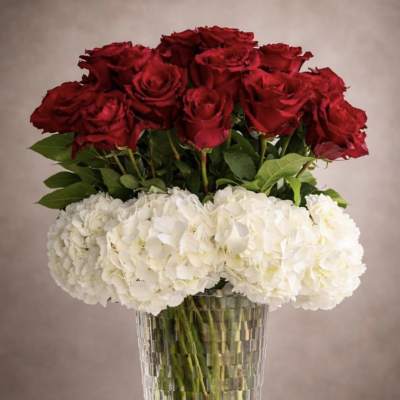 Hydrangeas and roses and any colors