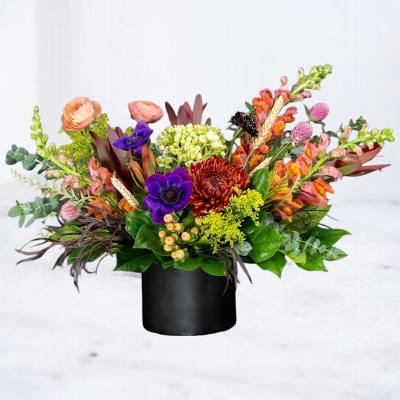 Colorful mixed arrangement with orange snapdragons, purple anemones, and mums in a black cylinder vase.