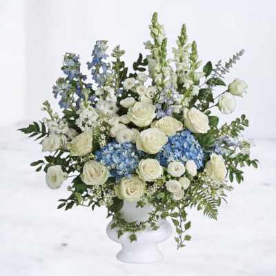 Tall white and blue arrangement with roses and hydrangeas in a white pedestal vase