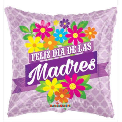 Square purple mylar balloon with colorful flower graphics and Spanish text for Mother's Day
