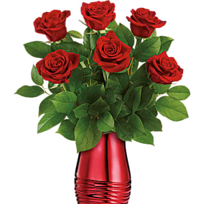 Red roses arranged in a red vase