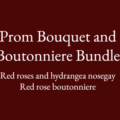 Text on a burgundy background reads prom bouquet and boutonniere bundle