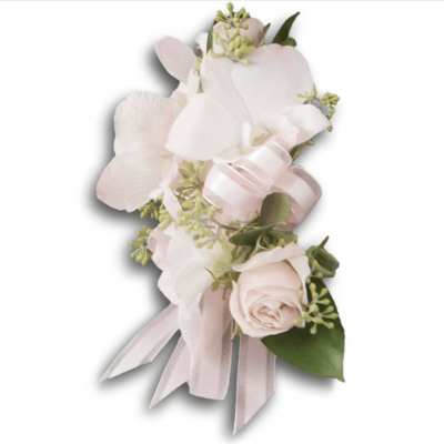 Light pink corsage with a rose and orchid blooms tied with ribbon