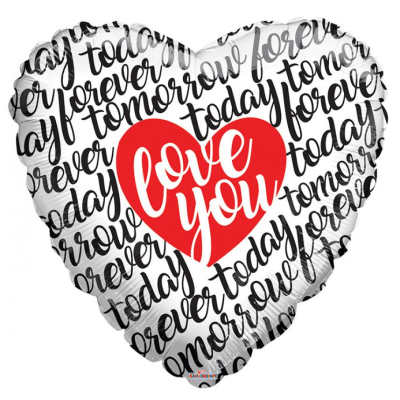 Heart-shaped foil balloon with "love you" text and repeating "today forever" pattern