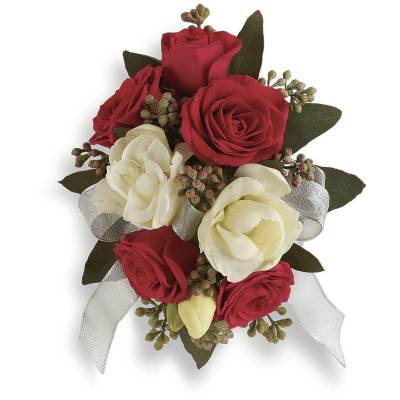 Red and white rose bouquet with silver ribbon