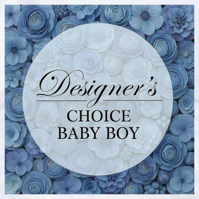Blue and white floral background with text reading Designer's Choice Baby Boy