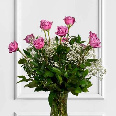 1 Dozen Lavender Roses with Baby's Breath