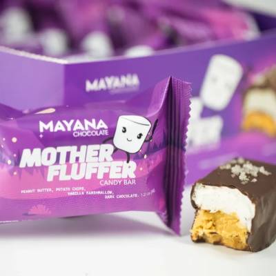 Purple candy bar wrapper with a chocolate-covered marshmallow piece