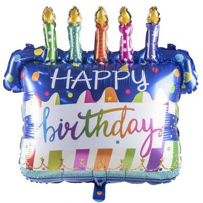 Birthday cake-shaped foil balloon with candles and "Happy birthday" text