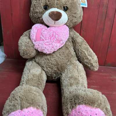 Large teddy bear holding a pink heart pillow