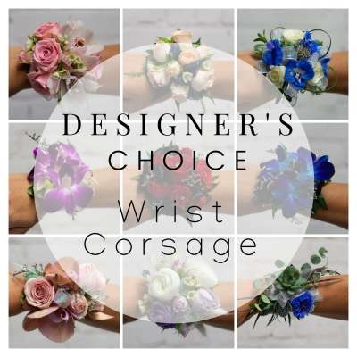 Collage of wrist corsages in pink, white, blue, and purple flowers