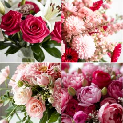 Collage of four pink floral arrangements featuring roses, lilies, dahlias, and other mixed blooms.