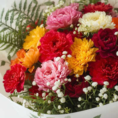 Bouquet of colorful carnations with baby's breath in white wrapping